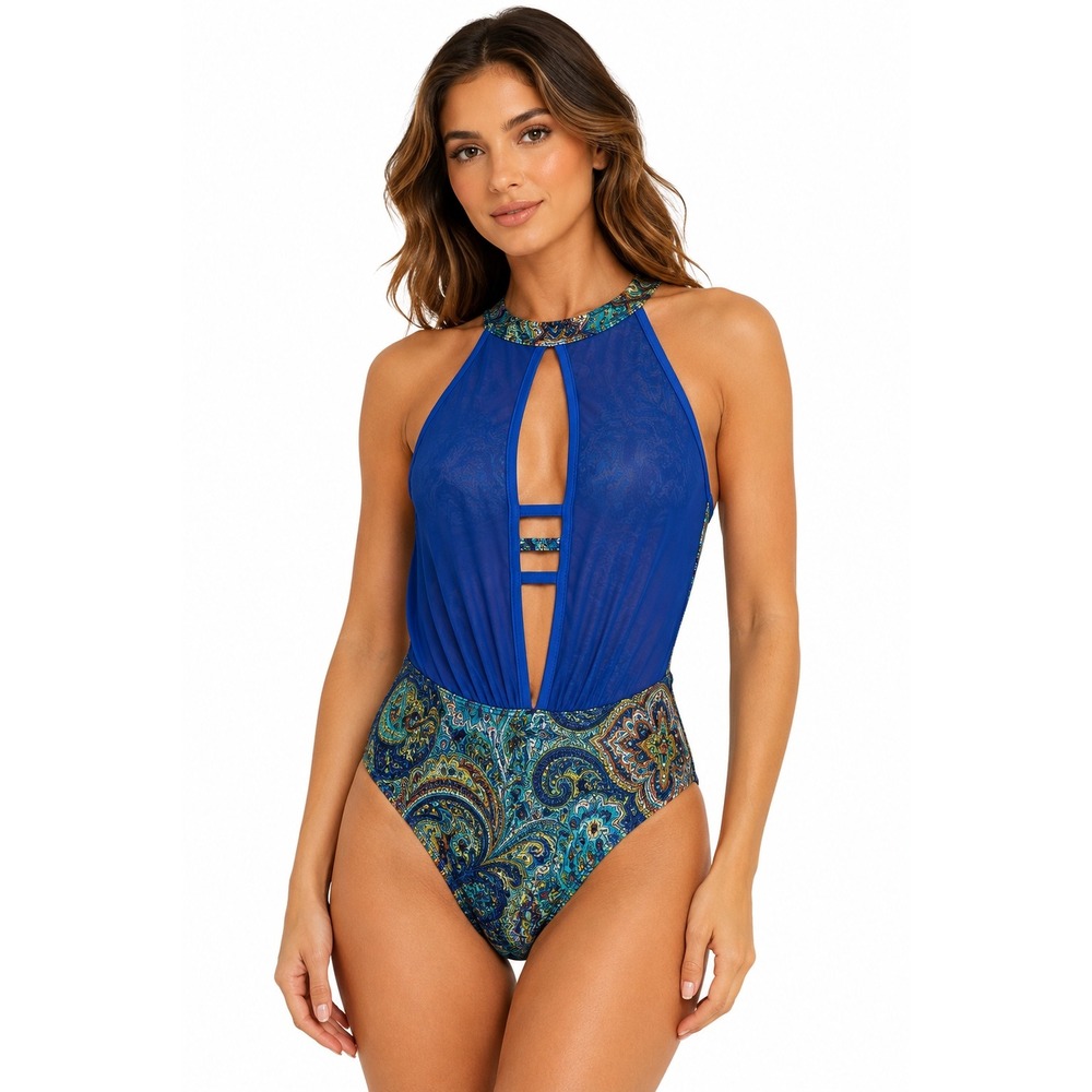 Kandi Kouture Paisley One Piece Swimsuit 0/2‎ Mesh Overlay Halter Keyhole Cutout